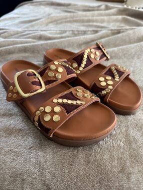 Free People Brown Leather Slide Sandals with Gold Studs